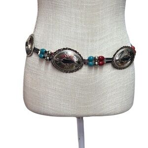 Silver Tone Chain Conchos Beaded Waist Belt Najavo Taiwan Accessory Stylish